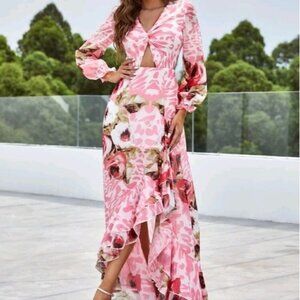 PINK BOHO TIERED FLORAL MAXI DRESS
